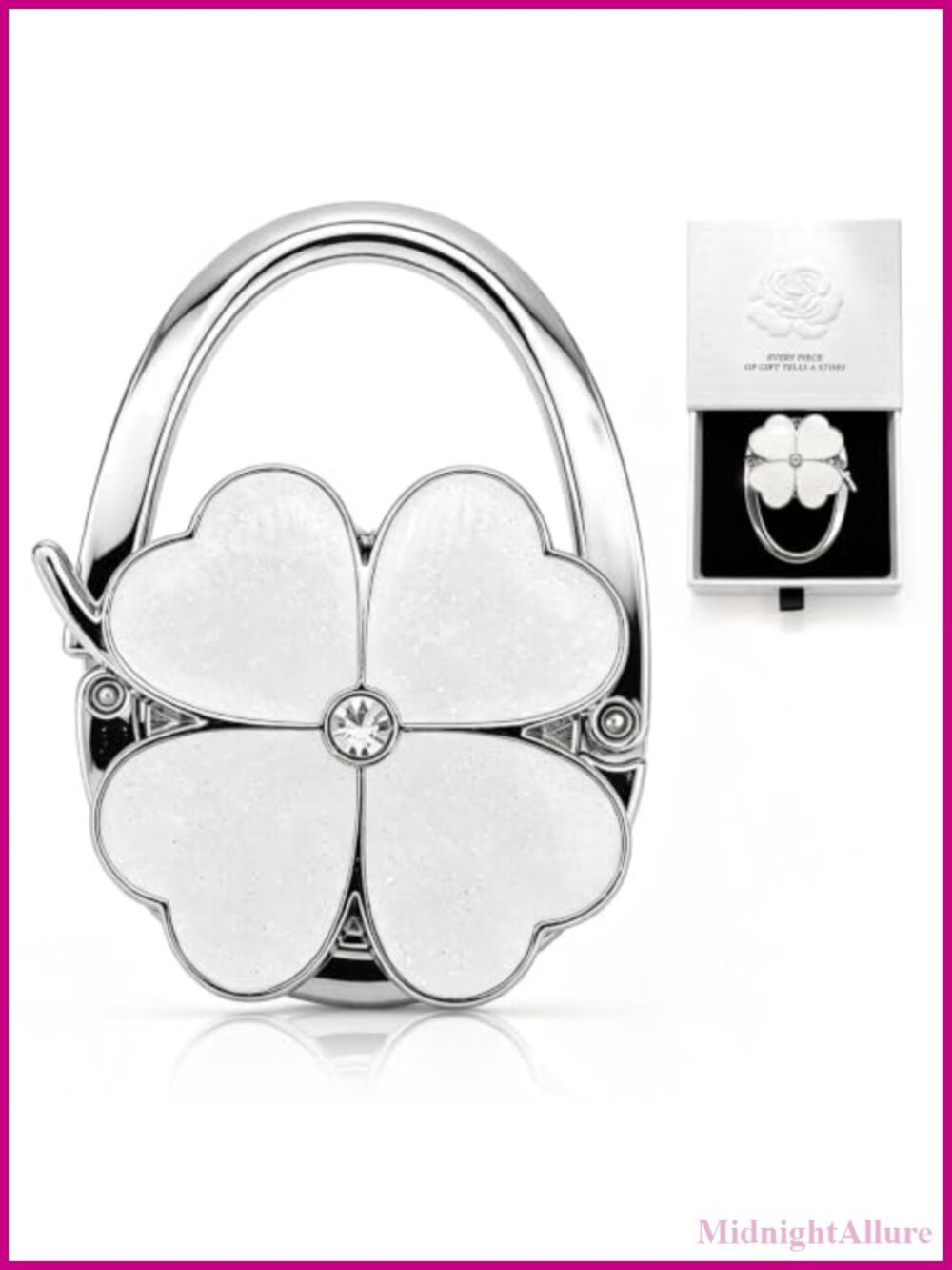 Foldable Purse Hook Table Handbag Hanger Clover Rhinestone Gift Box